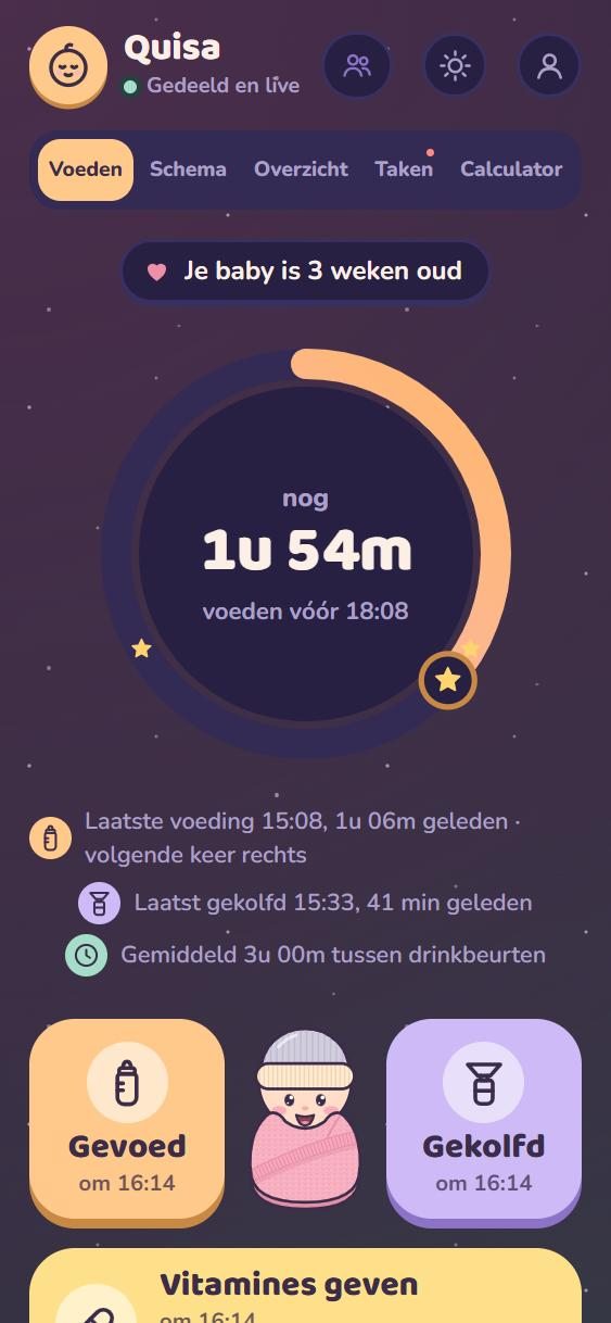 Quisa in nachtmodus: de melkklok telt af naar de volgende voeding, met grote knoppen Gevoed en Gekolfd