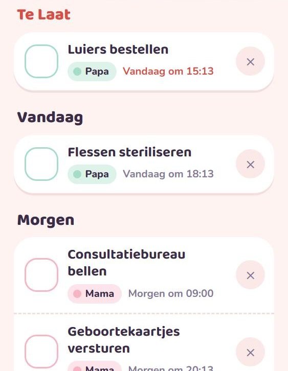 Takenlijst met taken voor Papa en Mama, met wat te laat is, wat vandaag moet en wat morgen